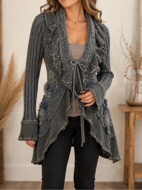 Forla Paris Gray Mohair Wool Blend Ruffle Cardigan Sweater Coat